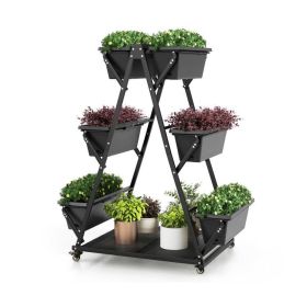 3-Tier Vertical Raised Garden Bed with 4 Wheels and 6 Container Boxes (Color: Black)